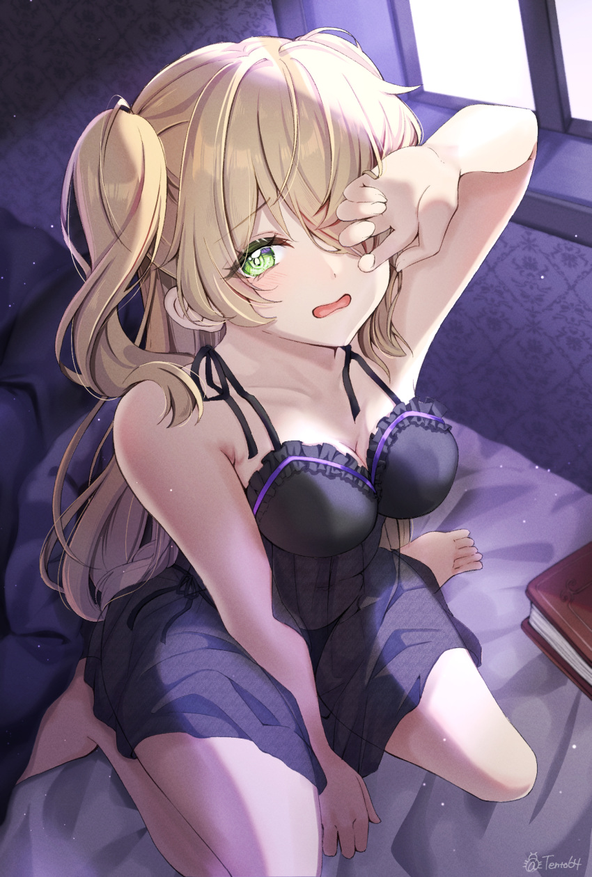 1girl a_tento64 bare_shoulders blonde_hair blush breasts cleavage fischl_(genshin_impact) genshin_impact green_eyes highres long_hair looking_at_viewer medium_breasts morning nightgown on_bed one_eye_closed open_mouth sleepwear sleepy two_side_up waking_up yawning