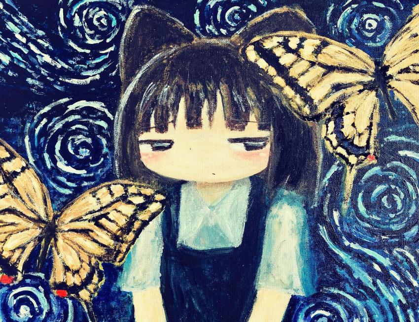 1girl acrylic_paint_(medium) animal_ears black_dress black_eyes black_hair bob_cut bug butterfly cat_ears commentary_request dress jogasaki_kyouya monarch_butterfly original painting_(medium) ripples solo traditional_media upper_body