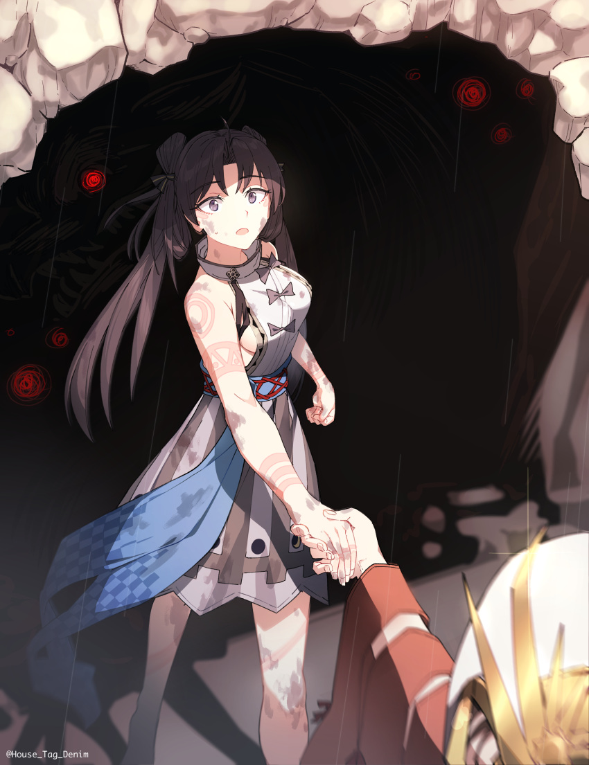 2girls absurdres backless_dress backless_outfit bare_shoulders body_markings breasts brown_hair cave dress fate/grand_order fate_(series) glowing glowing_eyes grey_dress highres himiko_(fate) holding_hands house_tag_denim iyo_(fate) large_breasts long_hair monster multiple_girls open_mouth parted_bangs purple_eyes sash sideboob solo_focus thighs twintails very_long_hair