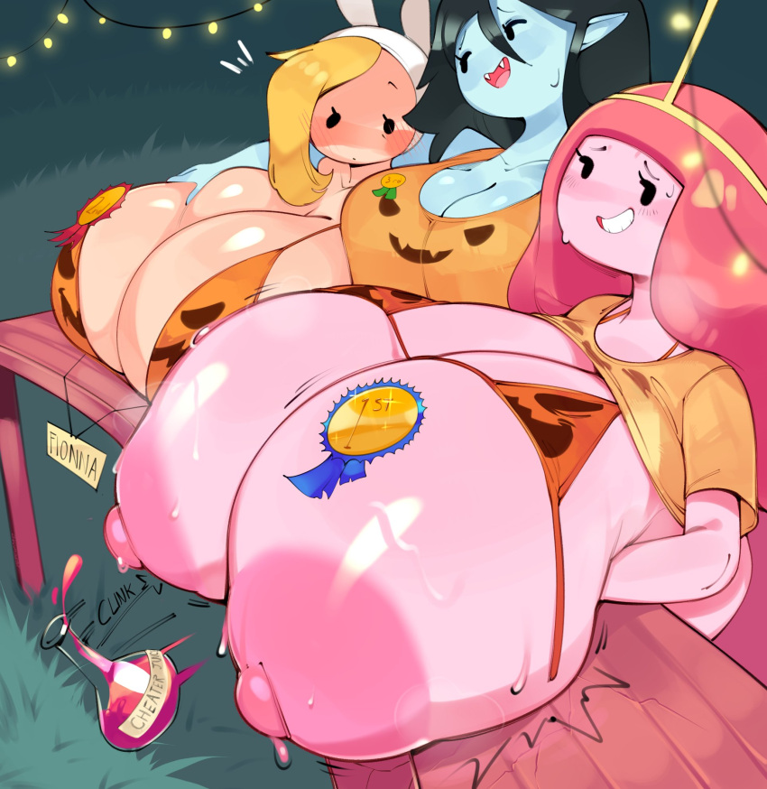 3girls adventure_time animal_hat award_ribbon badge black_hair blonde_hair blue_skin blush breast_lift breast_rest breasts bulumblebee cheating_(competitive) colored_skin contest crown desk_slam fangs fionna_the_human_girl gigantic_breasts grass halloween hat highres huge_breasts looking_at_breasts looking_at_viewer looking_down looking_to_the_side marceline_abadeer multiple_girls name_tag nervous nervous_smile nervous_sweating nipples open_mouth orange_shirt pink_hair pink_skin pointy_ears potion princess_bonnibel_bubblegum pumpkin_bra rabbit_hat shirt smile string_lights sweat sweatdrop table white_headwear