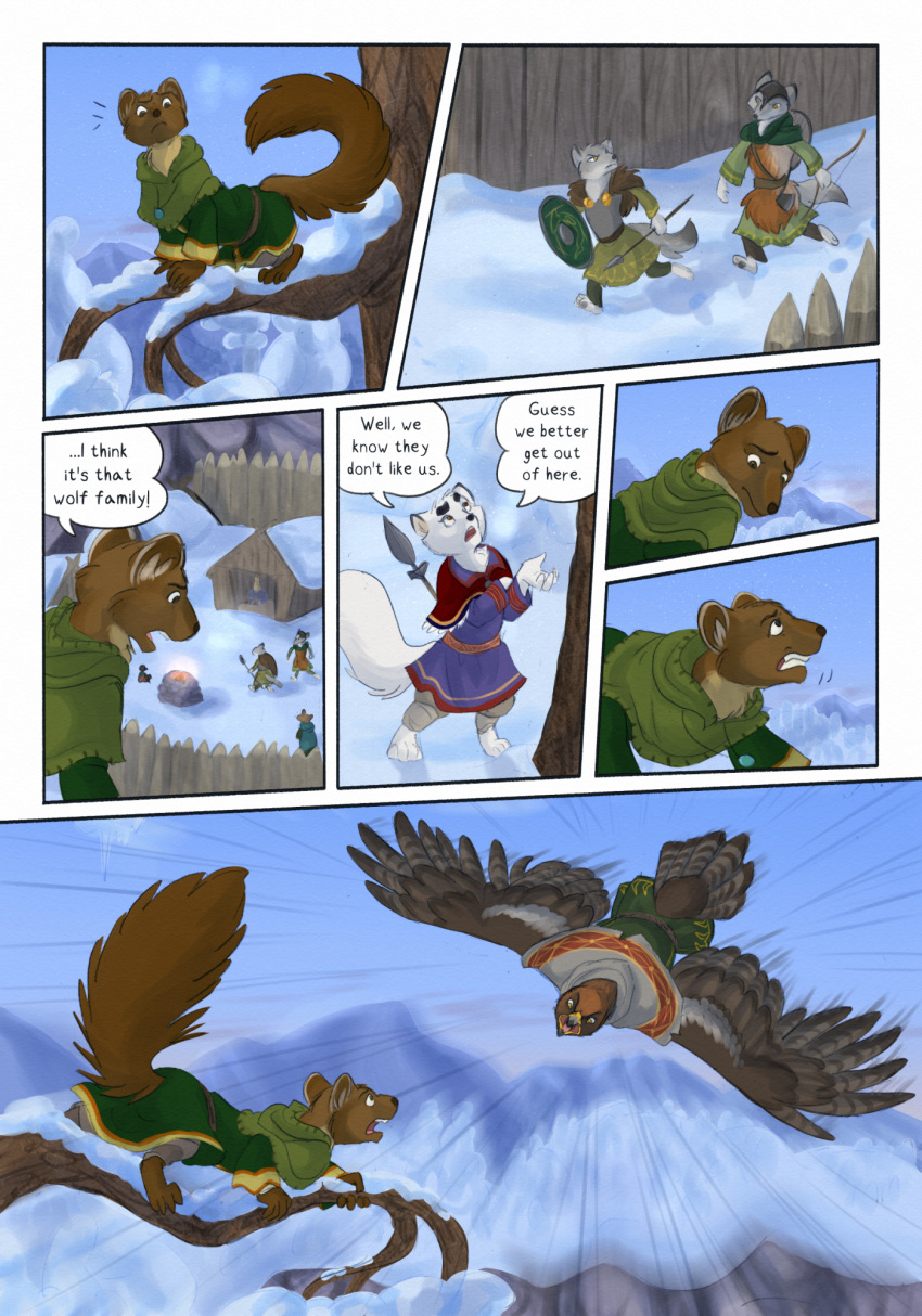 2022 ambiguous_gender anthro arctic_fox attack avian biped bird bjekkergauken bow_(weapon) brown_body brown_fur brown_tail canid canine canis clothing colored comic day dialogue dialogue_box english_text flying fox fur green_clothing group gulonine hi_res male mammal marten melee_weapon mustelid musteline outside pine_marten polearm ranged_weapon shirin_(bjekkergauken) size_difference snow spear speech_bubble tail text unni_(bjekkergauken) weapon white_body white_fur white_tail wolf