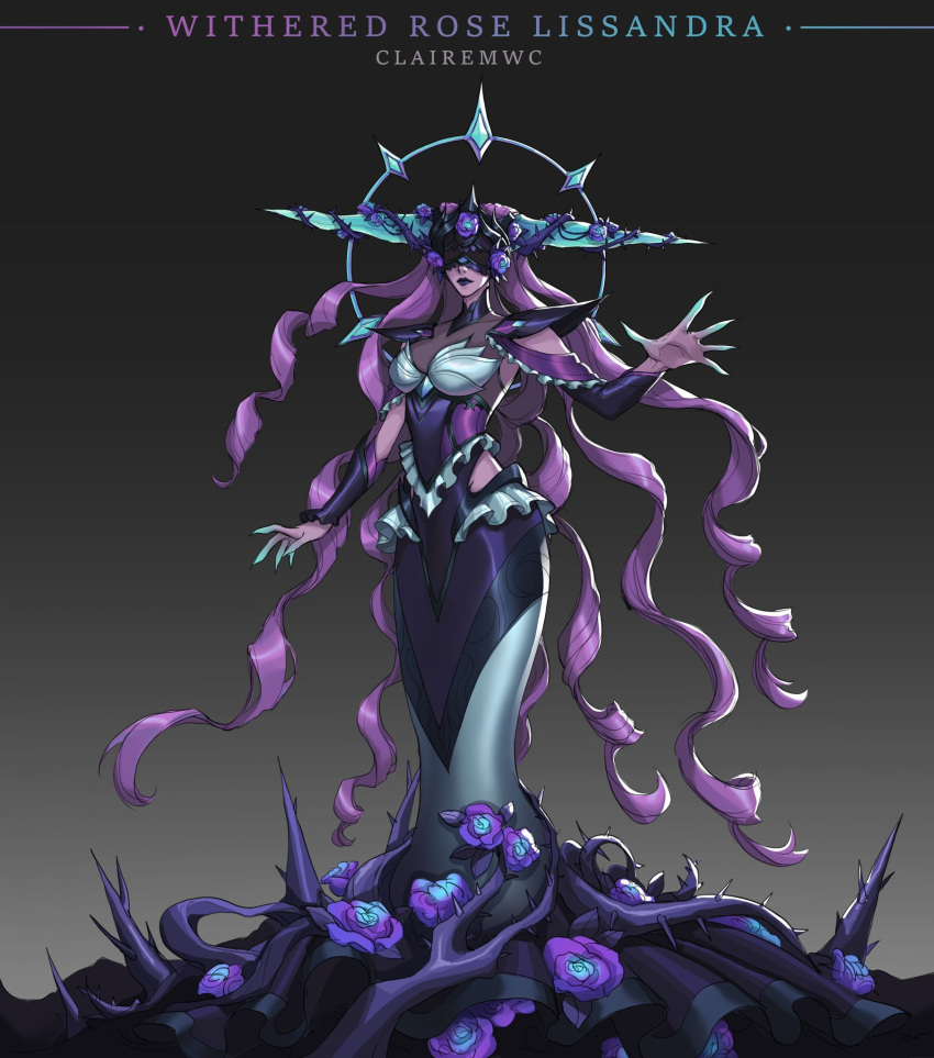 1girl alternate_costume black_dress blue_flower breasts clairemwc closed_mouth colored_skin detached_sleeves dress flower gradient_background grey_background grey_dress grey_skin highres horns large_breasts league_of_legends lissandra_(league_of_legends) long_hair pink_hair purple_lips solo thorns
