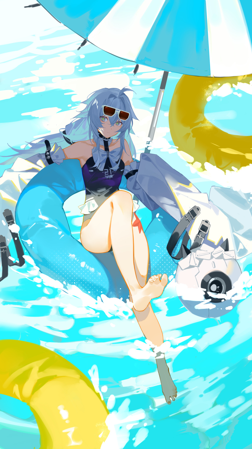 2486130 absurdres ahoge bare_shoulders barefoot beach black_one-piece_swimsuit character_name detached_sleeves eyewear_on_head grey_eyes hair_between_eyes highres lifebuoy long_hair messy_hair no.21_(punishing:_gray_raven) non-humanoid_robot ocean one-piece_swimsuit punishing:_gray_raven robot sleeves_past_fingers sleeves_past_wrists sunglasses swimsuit white_hair white_sleeves