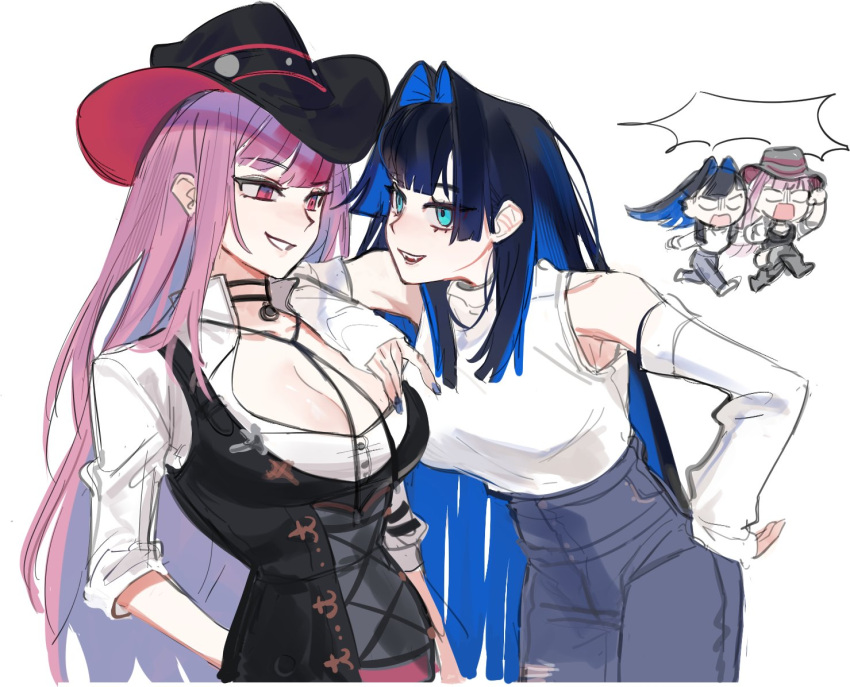 2girls arm_on_another's_shoulder armpits black_hair blue_eyes breasts chibi chibi_inset colored_inner_hair cowboy_hat cowgirl_(western) detached_sleeves eus_ing hair_intakes hat high-waist_pants hololive hololive_english large_breasts long_hair mori_calliope_(sheriff) multicolored_hair multiple_girls ouro_kronii ouro_kronii_(3rd_costume) pants pink_hair shirt very_long_hair virtual_youtuber white_shirt