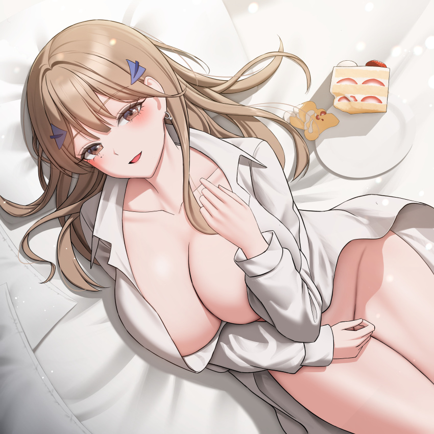 1girl absurdres bed_sheet breasts brown_eyes brown_hair cake collarbone commentary earrings food goddess_of_victory:_nikke hair_ornament highres jewelry large_breasts long_hair looking_at_viewer lying merrick no_panties on_side open_clothes open_mouth open_shirt pillow shirt smile solo thighs tia_(nikke) white_shirt