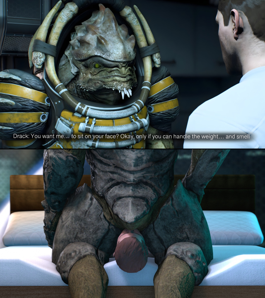 2022 2_panel_comic 3d_(artwork) alien armor bed bioware bone brown_hair cheap-wazoo clothing dialogue digital_media_(artwork) digitigrade duo english_text facesitting furniture green_body green_eyes hair hi_res human human_on_humanoid humanoid interspecies krogan larger_humanoid larger_male lying male male/male mammal mass_effect nakmor_drack nude on_back on_bed pillow scalie scott_ryder shirt sitting_on_another size_difference smaller_human source_filmmaker spikes spikes_(anatomy) talking_to_another talking_to_partner text topwear
