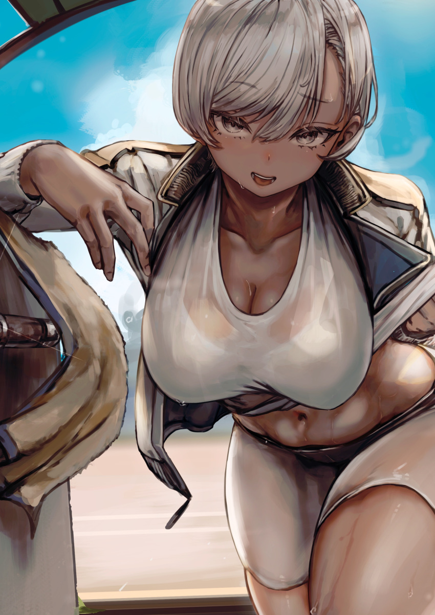 1girl absurdres blue_sky breasts character_request cleavage collarbone copyright_request dark-skinned_female dark_skin grey_eyes grey_hair highres jacket large_breasts long_sleeves looking_at_viewer midriff navel open_mouth short_hair shorts sky smile soleil_(soleilmtfbwy03) solo sweat white_shorts