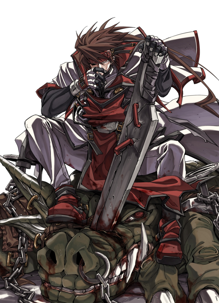 1boy absurdres after_battle blood blood_on_clothes blood_on_weapon brown_hair chain cigarette concrete dong_hole english_text fangs guilty_gear guilty_gear_xx headband highres huge_weapon monster mouth_hold order-sol red_eyes shaded_face sitting smoking sol_badguy solo weapon