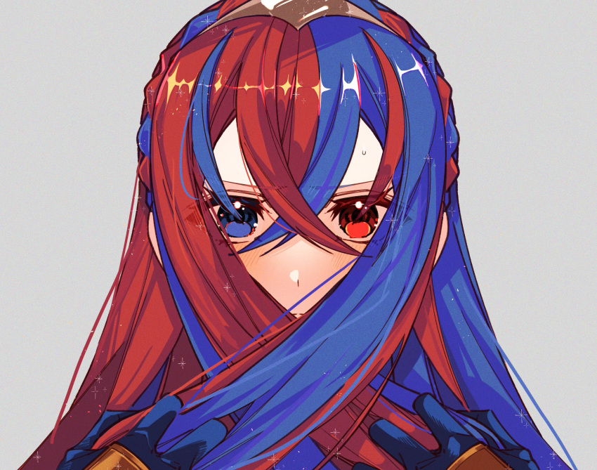 1girl alear_(female)_(fire_emblem) alear_(fire_emblem) blue_eyes blue_hair blush closed_mouth fire_emblem fire_emblem_engage gloves hair_between_eyes heterochromia highres illust_mi long_hair looking_at_viewer multicolored_hair red_eyes red_hair solo tiara two-tone_hair white_background