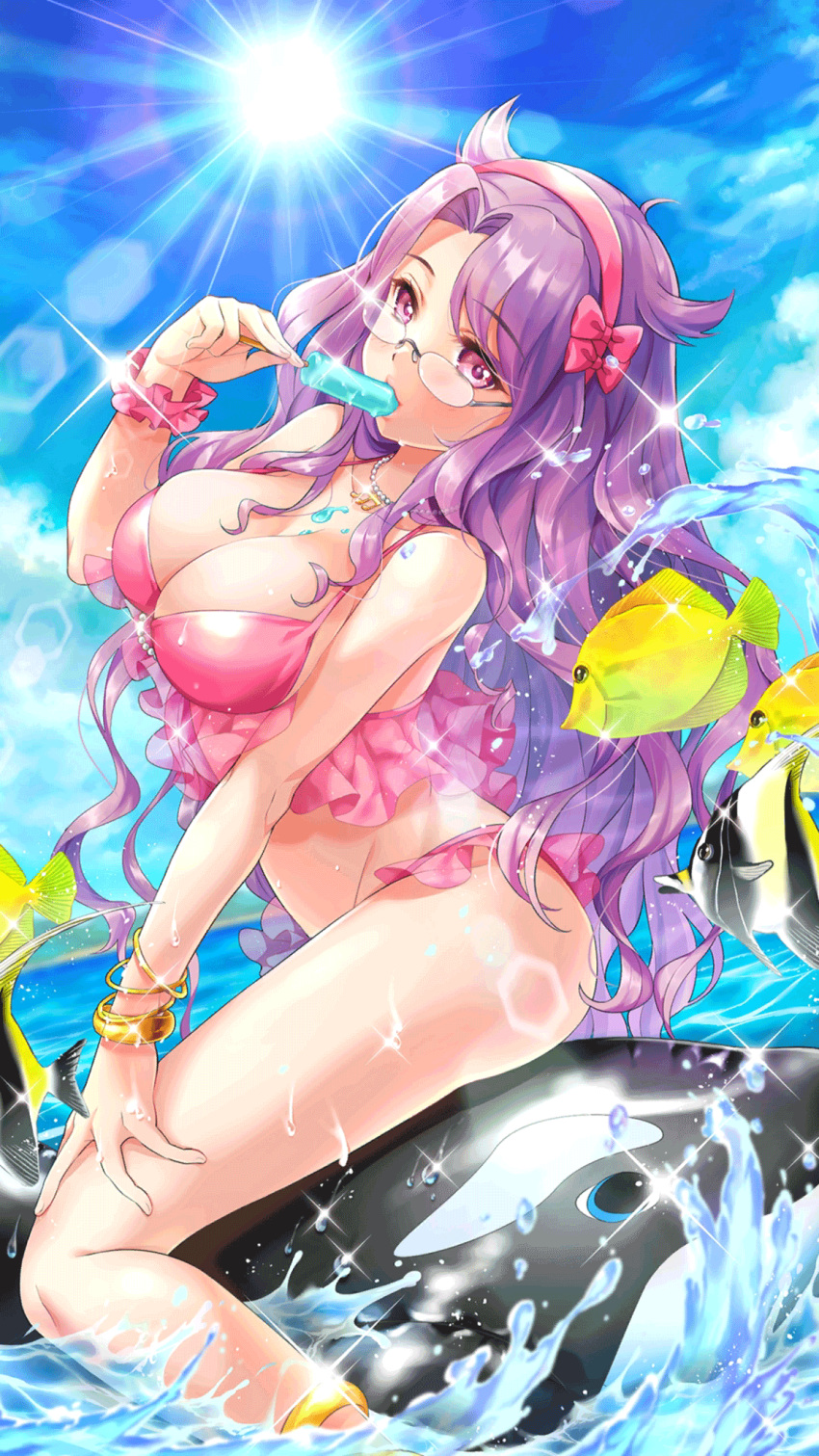 1girl anklet bare_arms bare_legs bikini blue_sky bracelet breasts cleavage cloud cowlick curly_hair feet_out_of_frame fish flying_fish food food_in_mouth frilled_bikini frills from_side girl_cafe_gun glasses hairband hand_on_own_thigh hand_up highres holding holding_food holding_popsicle inflatable_orca inflatable_toy jewelry large_breasts lens_flare long_hair looking_at_viewer looking_to_the_side necklace nola_moon_(girl_cafe_gun) ocean official_art pearl_necklace pink_bikini pink_eyes pink_hairband popsicle popsicle_in_mouth purple_hair scrunchie sitting sky solo sparkle sun swimsuit very_long_hair water_drop wrist_scrunchie