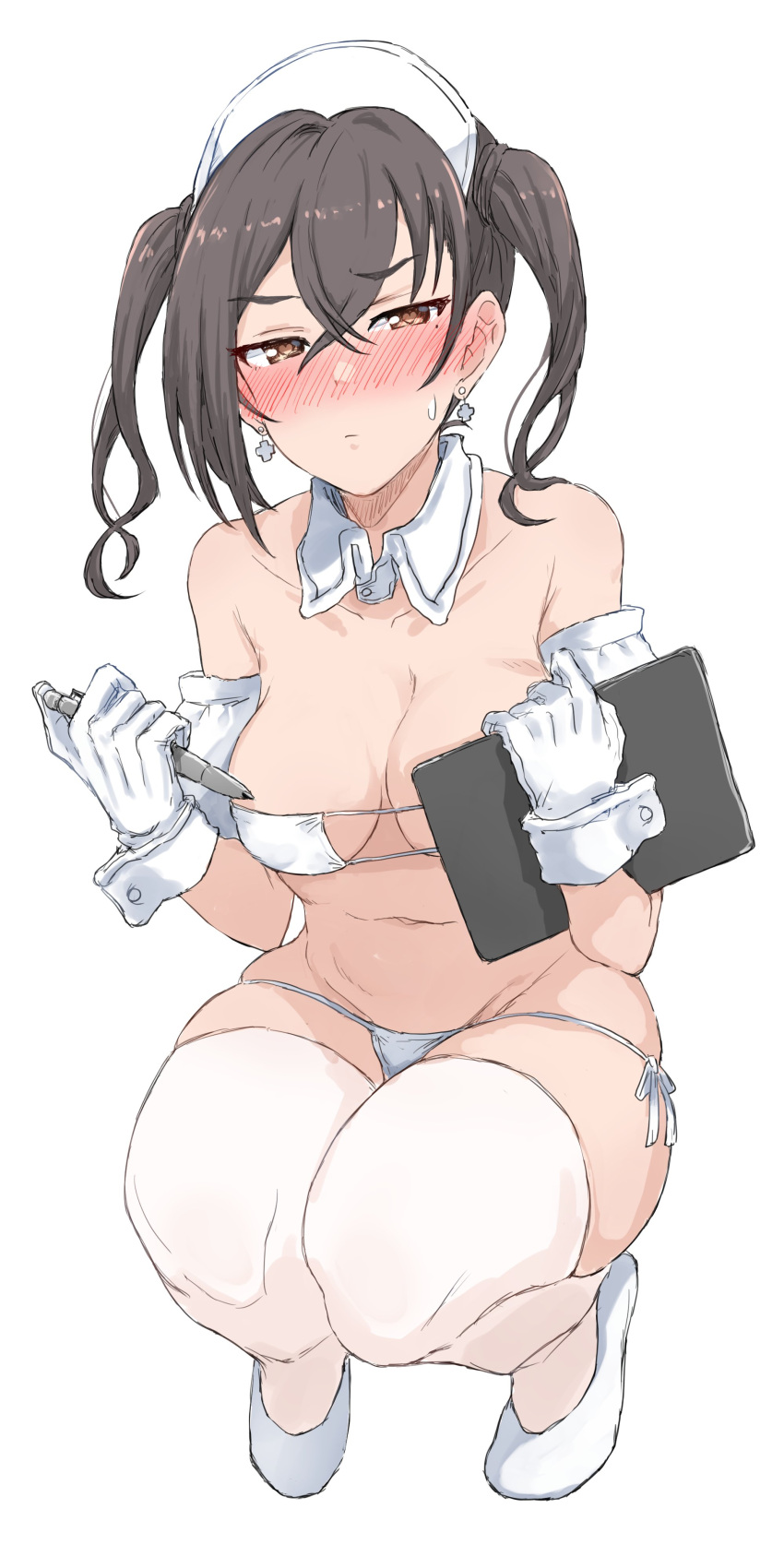 1girl absurdres arm_garter armpit_crease bikini blush breasts cleavage collarbone crossed_bangs detached_collar earrings eyepatch_bikini gloves hat heart heart-shaped_pupils highres holding holding_notepad holding_pen idolmaster idolmaster_cinderella_girls jewelry looking_at_viewer medium_breasts mole mole_under_eye navel nose notepad nurse_cap pen side-tie_bikini_bottom simple_background solo squatting stomach sunazuka_akira swimsuit symbol-shaped_pupils thighhighs twintails wasabijoyu76 white_background white_bikini white_footwear white_gloves white_headwear white_thighhighs