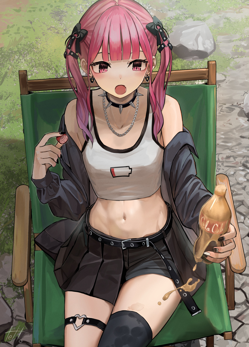 1girl :o absurdres belt bottle bow chain_necklace chair coca-cola collar earrings folding_chair hair_bow highres hinamizawa_hinami jewelry jirai_kei midriff navel necklace off_shoulder original outdoors pink_eyes pink_hair pleated_skirt single_thighhigh sitting skirt solo spiked_collar spikes tank_top tetto_(onnoveltet) thigh_belt thigh_strap thighhighs twintails