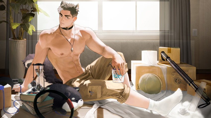 1boy abs absurdres animal_ears bara black_choker black_hair brown_pants cat_boy cat_ears cat_tail choker closed_mouth cup drinking_straw highres holding holding_cup indoors jewelry large_pectorals male_focus multicolored_hair muscular muscular_male nanyu1998 navel necklace nipples original pants pants_rolled_up pectorals short_hair sitting solo stuffed_animal stuffed_toy tail topless_male two-tone_hair white_hair window