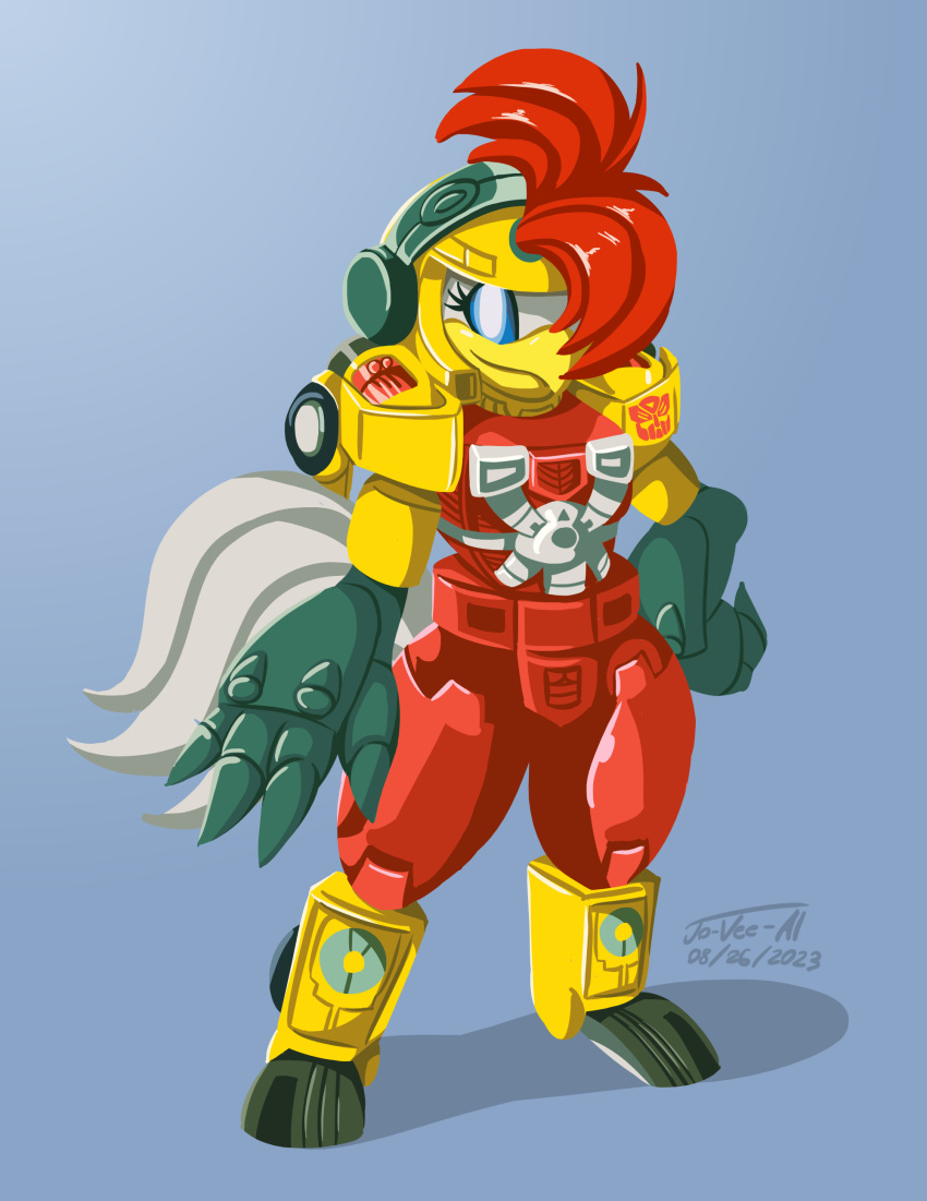 absurd_res anthro autobot avian beak bird blue_eyes chicken cosplay crossover crossover_cosplay cybertronian eto_rangers eyelashes feathers female fusion galliform gallus_(genus) hair hair_over_eye hasbro hi_res hot_shot humanoid jo-vee-al living_machine machine one_eye_obstructed phasianid red_body red_feathers red_hair robot robot_humanoid solo takara_tomy tart_(eto_rangers) transformers transformers:_armada white_body white_feathers wide_hips yellow_body