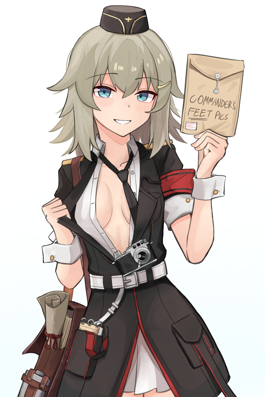 1girl absurdres bag belt black_headwear black_jacket black_necktie blackmail blonde_hair blue_eyes breasts brown_bag camera canteen commentary english_commentary english_text envelope gamryous garrison_cap girls'_frontline grin hair_ornament hairclip hat highres holding jacket looking_at_viewer manila_envelope medium_breasts messenger_bag military military_hat military_uniform mp41_(girls'_frontline) necktie notepad partially_unbuttoned red_armband scroll shirt short_hair shoulder_bag simple_background skirt smile solo straight-on uniform white_background white_belt white_shirt white_skirt white_wrist_cuffs wrist_cuffs