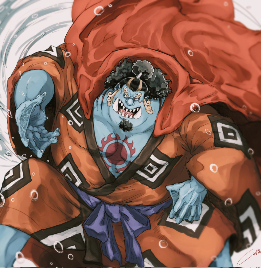 1boy belly belt black_hair blue_skin bubble coat coat_on_shoulders colored_skin curly_eyebrows curly_sideburns facial_hair feet_out_of_frame fighting_stance fins fish_boy goatee highres hydrokinesis ippaiotabe_mkw japanese_clothes jinbe_(one_piece) kimono large_pectorals long_sideburns male_focus mature_male muscular muscular_male one_piece open_mouth orange_kimono pectoral_cleavage pectorals pointy_ears sideburns solo standing strongman_waist tusks water webbed_hands