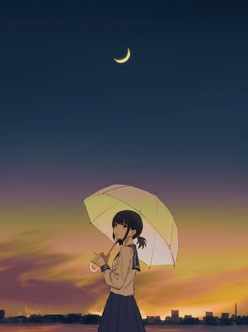 1girl absurdres black_eyes black_hair blue_sailor_collar blue_skirt city_lights cowboy_shot crescent_moon evening from_side hair_between_eyes highres holding holding_umbrella long_bangs long_sleeves looking_at_viewer low_twintails moon oka_kojiro orange_sky original outdoors own_hands_together pleated_skirt puckered_lips sailor_collar scenery school_uniform serafuku shirt short_twintails sidelocks skirt sky skyline sleeve_cuffs solo twintails umbrella white_shirt white_umbrella wide_shot