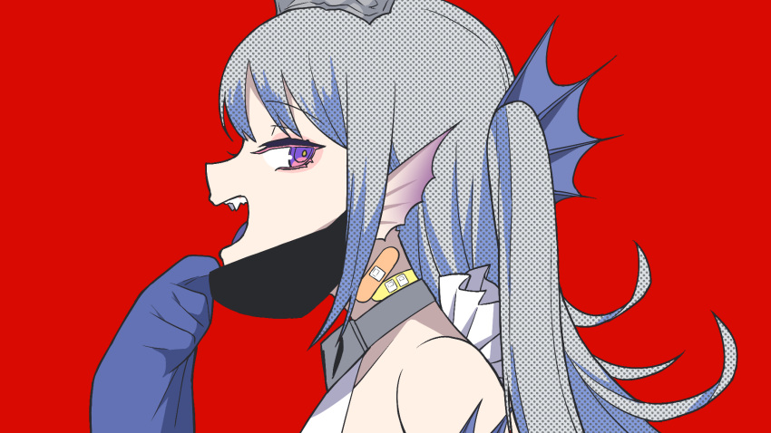 1girl adjusting_mask bandaid bandaid_on_neck bare_shoulders collar duel_monster fangs fins grey_hair head_fins highres long_hair mask metal_collar mouth_mask open_mouth purple_eyes red_background simple_background sleeves_past_fingers sleeves_past_wrists solo tago_sota tearlaments_scheiren tiara tongue two_side_up vampire_(vocaloid) yu-gi-oh!