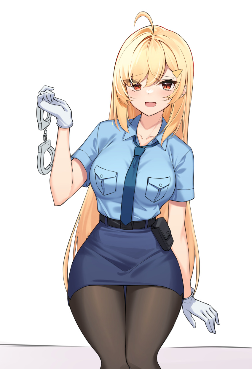 1girl absurdres ahoge belt black_pantyhose blonde_hair blue_shirt blue_skirt breast_pocket breasts collared_shirt cuffs gloves hair_ornament hairclip hand_up handcuffs highres holding jingburger large_breasts long_hair looking_at_viewer miniskirt necktie open_mouth pantyhose pencil_skirt pocket police police_uniform policewoman red_eyes shirt shirt_tucked_in short_sleeves simple_background sitting skirt smile solo uniform very_long_hair virtual_youtuber waktaverse white_background white_gloves ziro_(zirorong)