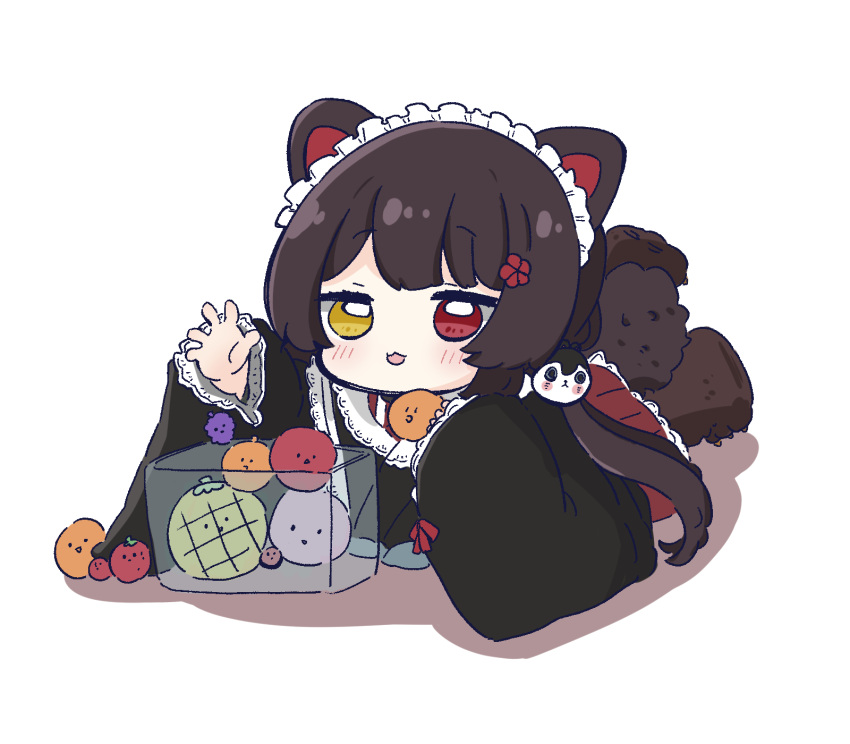 1girl :d animal_ears black_hair black_kimono blush brown_footwear chibi colored_shadow commentary dog_ears dog_girl dog_hair_ornament dog_tail flower full_body hair_flower hair_ornament heterochromia highres inui_toko japanese_clothes kimono long_hair long_sleeves looking_at_viewer low_twintails nijisanji nozo_(hitomiz) paw_shoes pleated_skirt red_eyes red_flower red_skirt shadow simple_background skirt smile solo suika_game tail twintails very_long_hair virtual_youtuber white_background wide_sleeves yellow_eyes