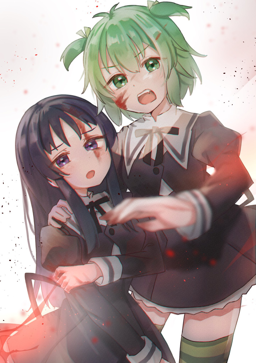 2girls antenna_hair arm_around_shoulder assault_lily black_hair black_ribbon black_skirt blood blood_in_hair blood_on_clothes blood_on_face blurry blurry_foreground buttons chromatic_aberration commentary_request cropped_jacket debris fang green_eyes green_hair green_theme hair_between_eyes hair_ribbon hand_on_another's_shoulder hand_on_own_arm hand_up hands_up high-waist_skirt highres juliet_sleeves long_hair long_sleeves looking_at_viewer miniskirt multicolored_thighhighs multiple_girls neck_ribbon open_mouth puffy_sleeves purple_eyes reaching_towards_viewer ribbon school_uniform shirai_yuyu shirt short_hair sidelocks skirt standing striped striped_thighhighs teeth thighhighs two_side_up upper_teeth_only v-shaped_eyebrows white_background white_shirt yellow_ribbon yellow_thighhighs yoshimura_thi_mai yubari_lemon_(lemonlilie) yurigaoka_girls_academy_school_uniform zettai_ryouiki