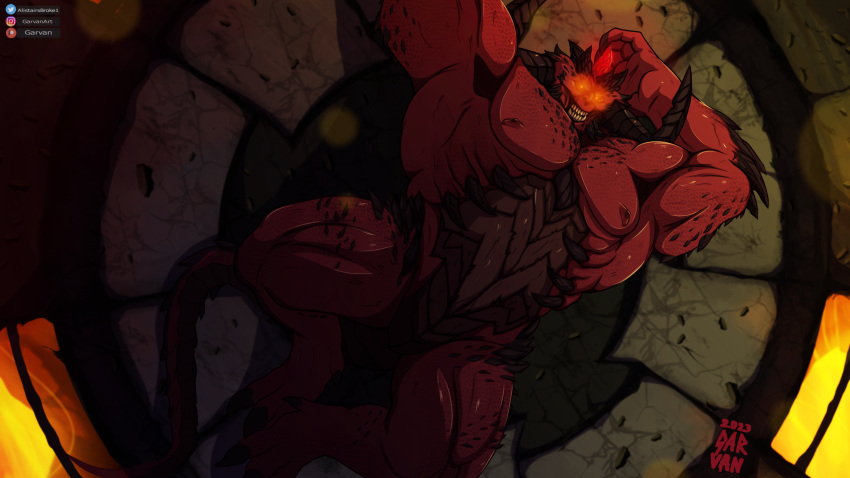 anthro barazoku biceps big_muscles big_pecs blizzard_entertainment claws demon diablo diablo_(character) digitigrade featureless_crotch garvan glowing glowing_eyes grin hi_res horn looking_at_viewer lying male muscular muscular_thighs nipples on_back pecs red_body red_eyes scales sharp_teeth smile solo spikes spikes_(anatomy) tail teeth triceps