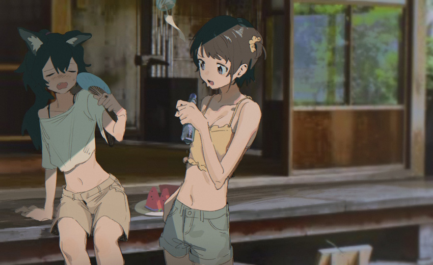 2girls alternate_costume animal_ears arm_support bare_shoulders black_bra blue_shorts blurry blurry_background bra breasts brown_hair brown_shorts closed_eyes collarbone cowboy_shot crop_top day fang fanning_self feet_out_of_frame food fruit grey_eyes hair_ornament hair_scrunchie hand_fan hand_up highres holding holofanman hololive leaning_to_the_side long_hair midriff multiple_girls navel off_shoulder one_side_up ookami_mio oozora_subaru open_mouth outdoors paper_fan ramune scrunchie shadow short_hair short_shorts short_sleeves shorts sitting small_breasts tank_top thighs uchiwa underwear virtual_youtuber watermelon watermelon_slice wind_chime wolf_ears yellow_tank_top