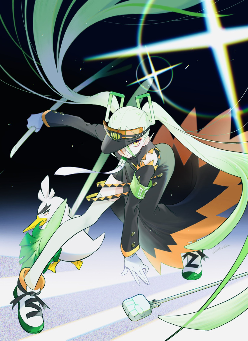 1girl armband black_coat coat detached_sleeves eyeshadow fighting_miku_(project_voltage) food gloves green_armband hatsune_miku highres holding holding_food holding_spring_onion holding_vegetable long_hair long_sleeves makeup multicolored_hair one_eye_covered orange_eyeshadow orange_trim otohara_gaku pokemon pokemon_(creature) project_voltage shoes side_slit single_detached_sleeve sirfetch'd sneakers spring_onion superhero_landing thighhighs twintails vegetable very_long_hair visor_cap vocaloid white_gloves white_hair white_thighhighs yellow_eyes