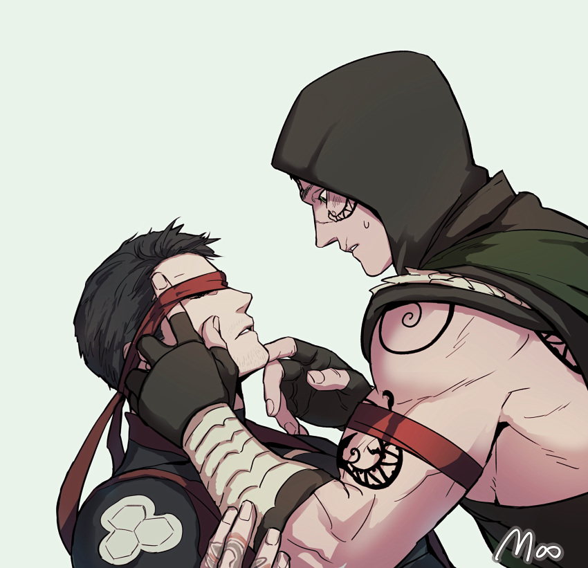 2boys absurdres arm_tattoo armband artist_name bara black_gloves black_hair blindfold facial_tattoo fingerless_gloves gloves green_eyes highres hood hood_up kenshi_(mortal_kombat) looking_at_another male_focus moo_og mortal_kombat_(series) mortal_kombat_1_(2023) multiple_boys muscular muscular_male red_armband red_blindfold reptile_(mortal_kombat) short_hair simple_background tattoo yaoi