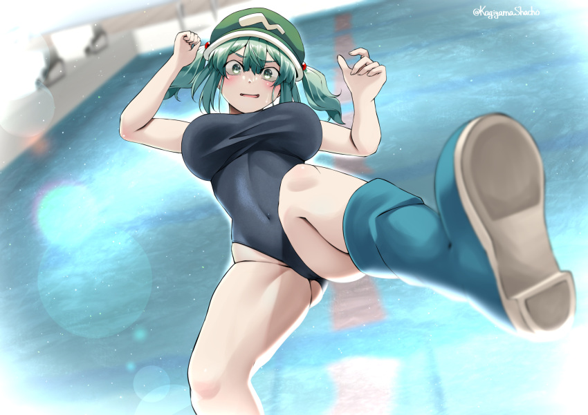 1girl blush boots breasts commentary_request falling flat_cap foot_out_of_frame hair_bobbles hair_ornament hat highleg highleg_swimsuit highres impossible_clothes impossible_swimsuit indoors kagiyama_shachou kawashiro_nitori large_breasts looking_at_viewer medium_hair open_mouth pool pool_ladder rubber_boots school_swimsuit sidelocks solo swimsuit touhou two_side_up water