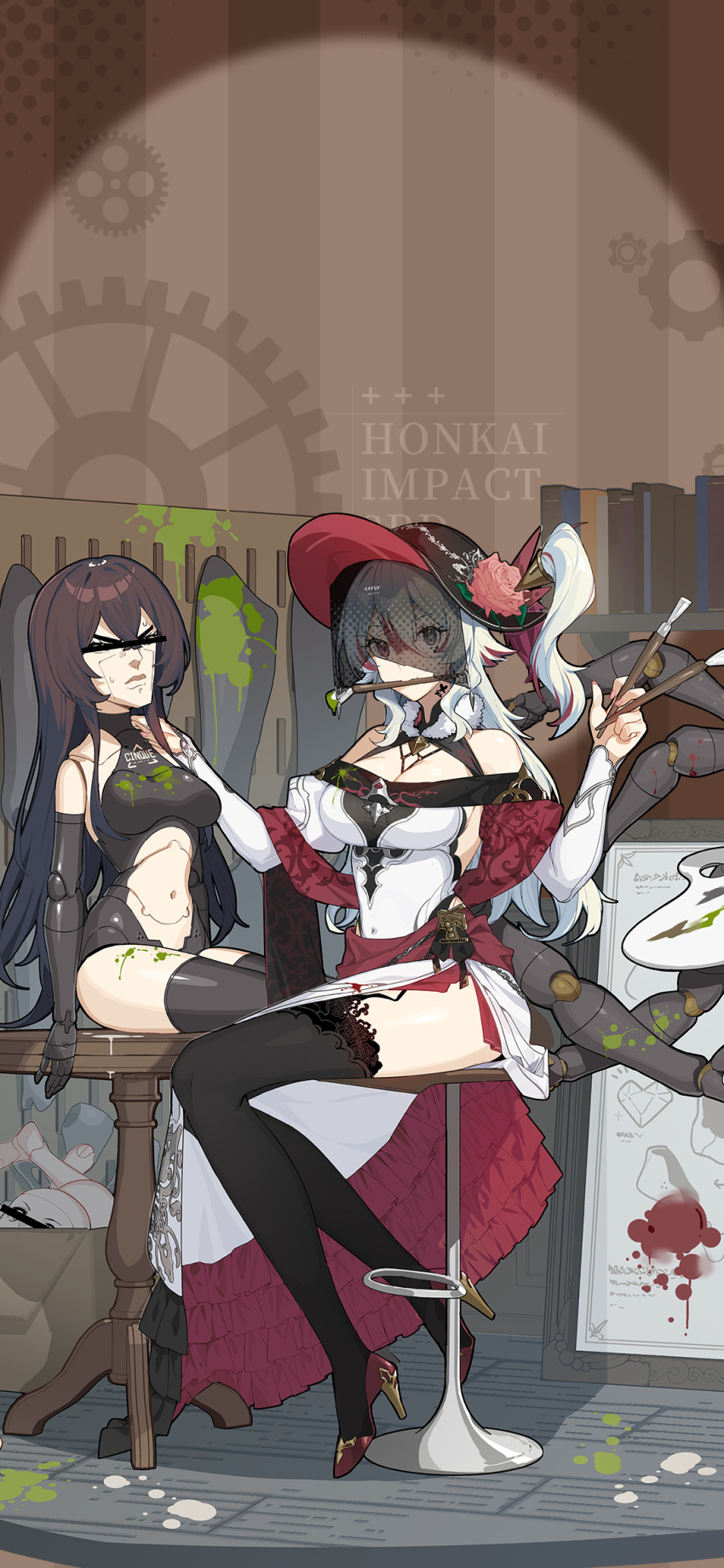 2girls bare_shoulders black_thighhighs breasts brown_hair carlo_collodi chinese_commentary closed_mouth genderswap genderswap_(mtf) hat high_heels highres holding holding_pencil honkai_(series) honkai_impact_3rd large_breasts long_hair multiple_girls official_art official_wallpaper pencil pinocchio pinocchio_(character) thighhighs v-shaped_eyebrows very_long_hair white_hair white_sleeves