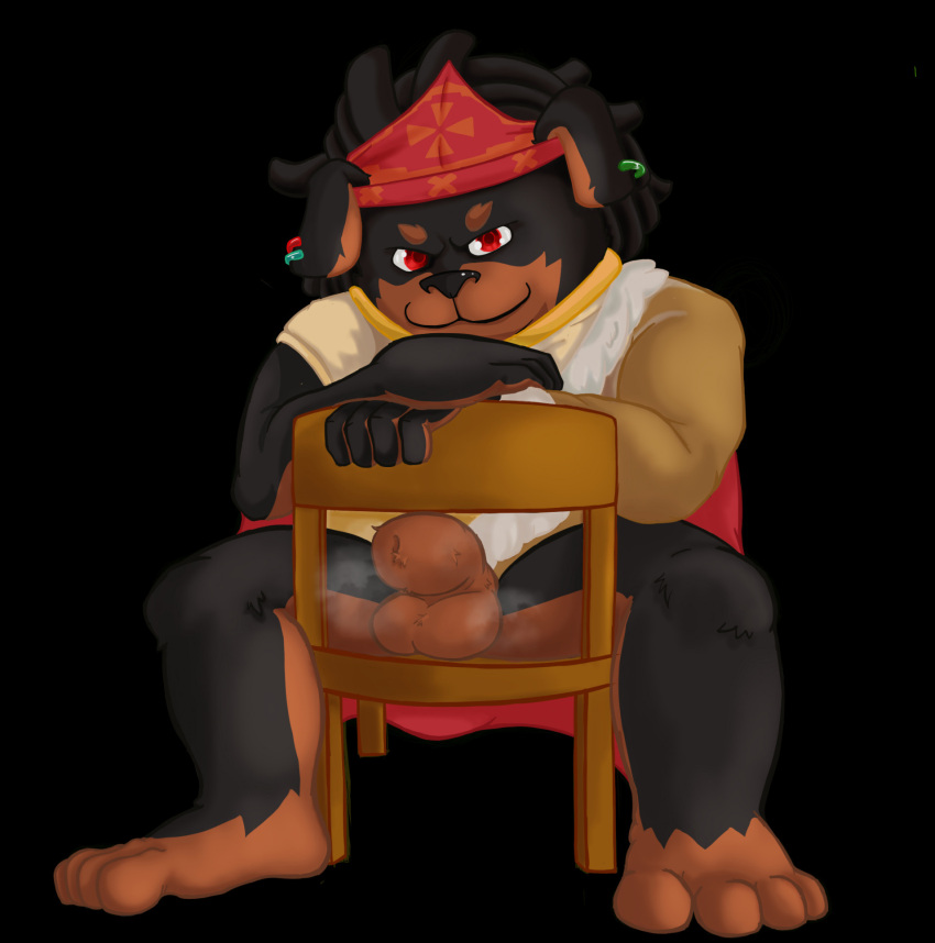 2023 4_toes animal_genitalia anthro ao_bai_(gunfire_reborn) balls bandanna barefoot black_background black_body black_hair black_nose bottomless bottomless_anthro bottomless_male brown_body canid canine canis cape chair clothed clothing countershading curled_hair domestic_dog eyebrows feet furniture genitals gunfire_reborn hair hi_res humanoid_feet humanoid_hands kerchief looking_at_viewer male mammal plantigrade red_eyes seamaster sheath simple_background sitting smile smiling_at_viewer solo steamy_penis toes