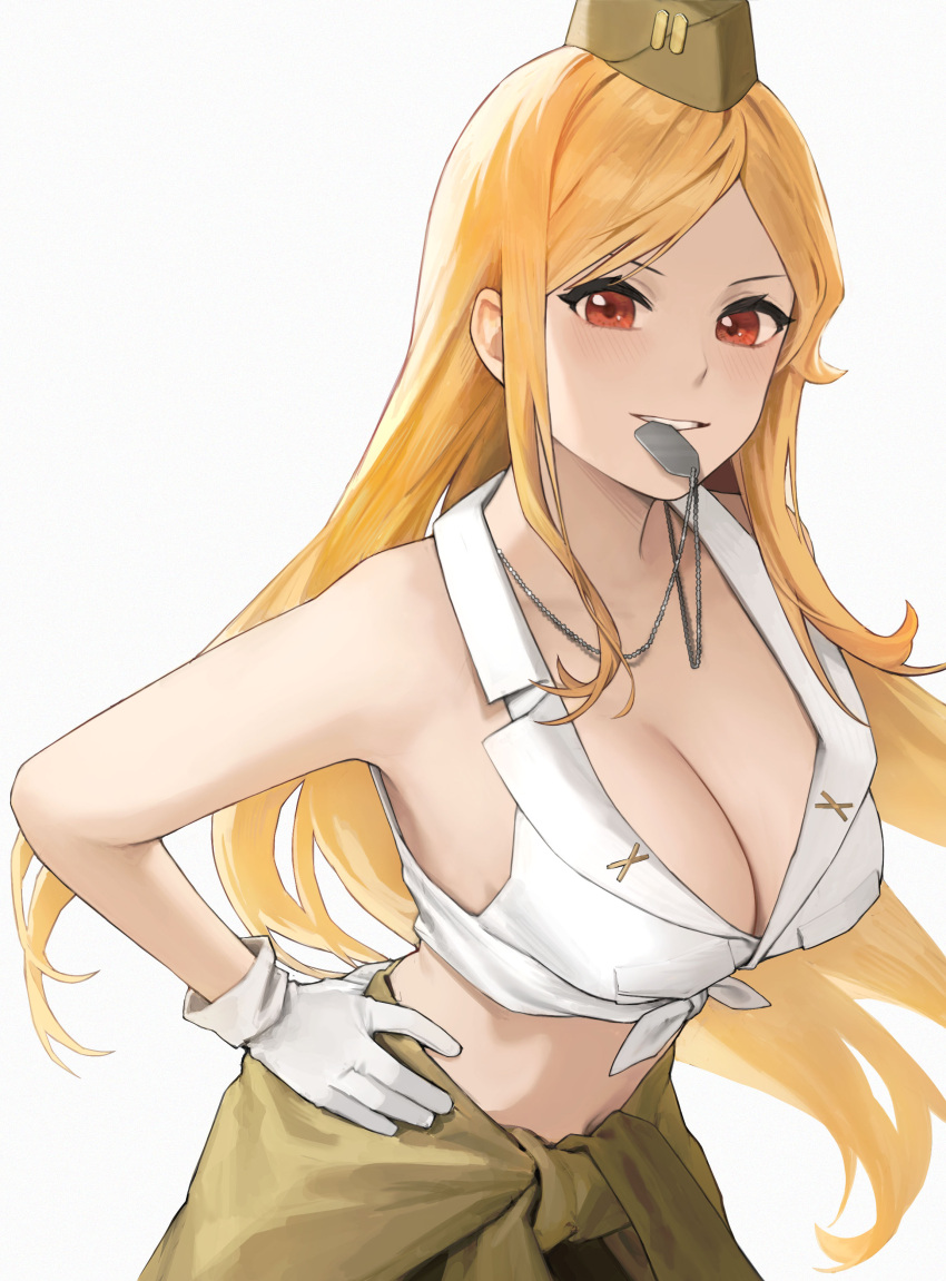 1girl absurdres bare_shoulders blonde_hair breasts cleavage clothes_around_waist commission crop_top dog_tags girls'_frontline gloves hand_on_own_hip hat highres jacket jacket_around_waist kir_(khw66136132) large_breasts long_hair looking_at_viewer m2hb_(girls'_frontline) mouth_hold pixiv_commission red_eyes shirt simple_background sleeveless sleeveless_shirt smile solo upper_body white_gloves white_shirt
