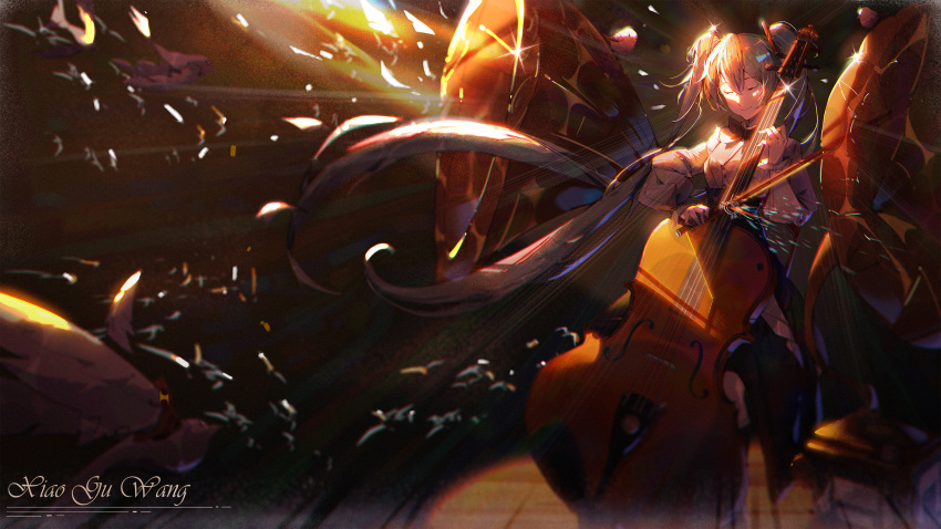 1girl absurdres bow bowtie cello chinese_commentary closed_eyes closed_mouth commentary_request dress_shirt floating_hair grey_hair hair_between_eyes hatsune_miku highres instrument long_hair long_sleeves music playing_instrument shirt sitting solo twintails very_long_hair vocaloid white_shirt xiao_gu_wang