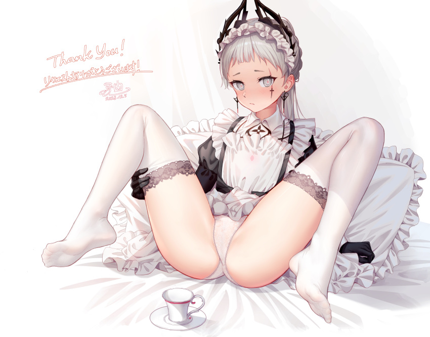 1girl absurdres arknights bed_sheet black_gloves blush closed_mouth cup dress earrings frilled_pillow frills full_body gloves grey_eyes grey_hair has_bad_revision has_downscaled_revision highres irene_(arknights) jewelry kep_(ahokep) knees_up long_hair looking_at_viewer maid_headdress md5_mismatch no_shoes panties pillow resolution_mismatch saucer scar scar_across_eye sitting solo source_smaller spread_legs teacup thighhighs underwear white_background white_dress white_panties white_thighhighs