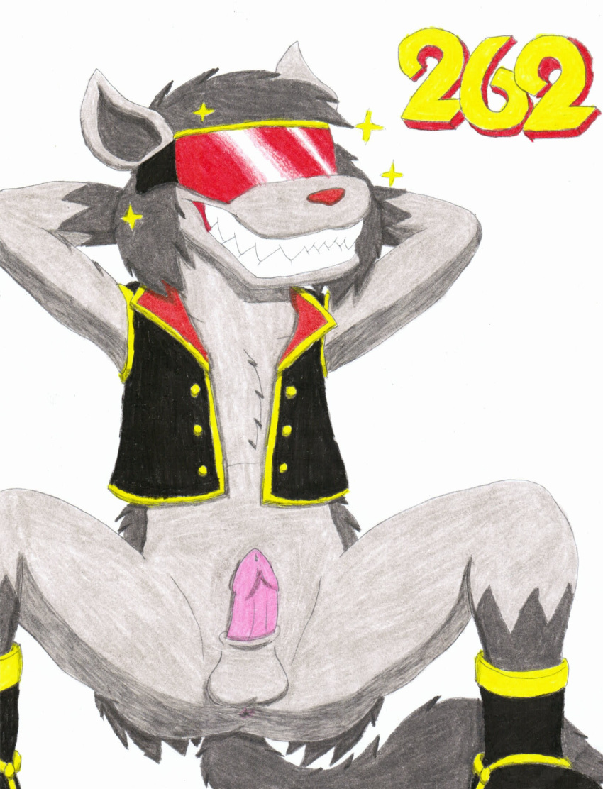 2022 anthro anthrofied anus balls black_body black_fur boots bottomless butt canid canine clothed clothing colored_pencil_(artwork) crouching erection eyewear footwear fur generation_3_pokemon genitals grey_body grey_fur hair hands_behind_head hi_res male male_focus mammal mightyena mostly_nude multicolored_body multicolored_fur nintendo nude open_clothing penis pokemon pokemon_(species) pokemorph presenting presenting_anus presenting_balls presenting_crotch presenting_penis simple_background smile solo solo_focus sunglasses tail teeth topwear traditional_media_(artwork) two_tone_body two_tone_fur ultimatepokemorphs vest white_background