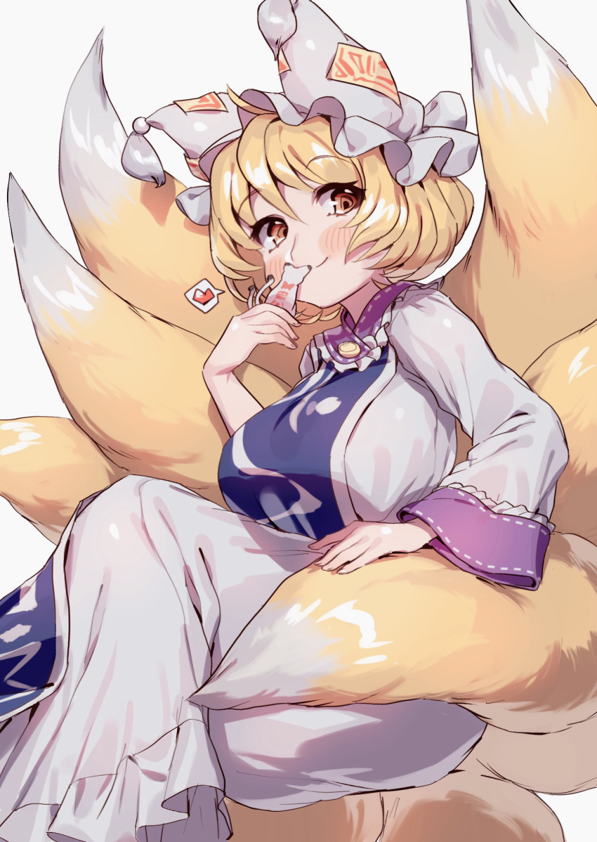 1girl animal_ears blonde_hair blush closed_mouth dress fox_ears fox_tail hat heart highres long_sleeves masanaga_(tsukasa) mob_cap multiple_tails short_hair simple_background smile solo spoken_heart tabard tail touhou unfinished_dream_of_all_living_ghost white_background white_dress white_headwear yakumo_ran yellow_eyes