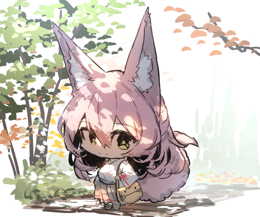 1girl animal_bag animal_ear_fluff animal_ears bag barefoot breasts brown_skirt closed_mouth commentary_request fox_ears fox_girl fox_tail hair_between_eyes highres long_hair long_sleeves looking_at_viewer medium_breasts original pink_hair pleated_skirt shirt shoulder_bag skirt smile solo tail tree very_long_hair white_shirt wide_sleeves yellow_eyes yuuji_(yukimimi)