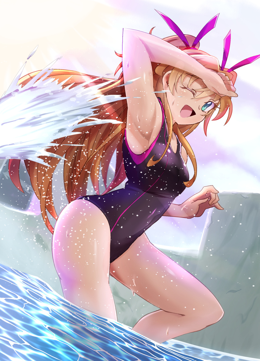 1girl ;d absurdres arm_up armpits bare_arms bare_legs black_one-piece_swimsuit brown_hair commentary_request covered_navel day floating_hair green_eyes hair_ribbon highres houjou_hibiki long_hair one-piece_swimsuit one_eye_closed outdoors pink_ribbon precure ribbon smile solo splashing suite_precure sunlight swimsuit tirofinire twintails very_long_hair