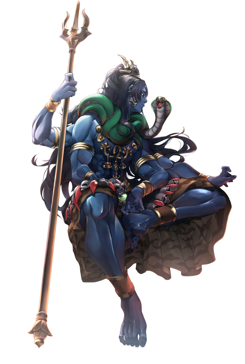 1boy absurdres animal_around_neck anklet armlet barefoot black_hair blue_skin bracelet brown_skirt character_request colored_skin earrings extra_arms highres holding_trident invisible_chair jewelry long_hair muscular muscular_male red_eyes shinrabanshou sitting skirt skull_earrings snake solo teppu_tora very_long_hair