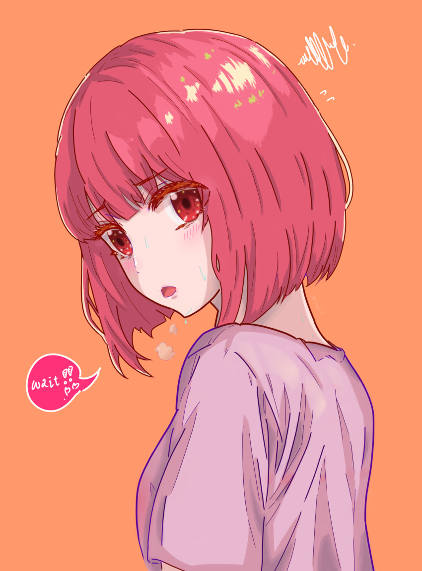 1girl arima_kana blush bob_cut commentary_request english_text heart highres inverted_bob looking_at_viewer looking_to_the_side medium_hair open_mouth orange_background oshi_no_ko purple_shirt red_eyes red_hair redapplicot shirt simple_background solo speech_bubble spoken_heart sweat upper_body