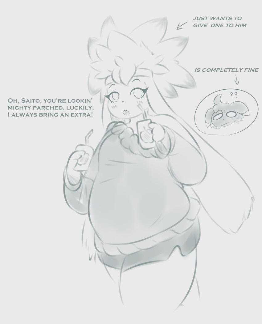 2023 30:37 accessory anthro apple_juice belly beverage biped blush chubby_anthro chubby_female clea_(plantedpot) clothed clothing dialogue digital_drawing_(artwork) digital_media_(artwork) directional_arrow duo english_text espurr expression_cutaway eyelashes felid female female_focus floppy_ears fruit_juice fur generation_6_pokemon generation_8_pokemon grey_background greyscale hair headband hi_res interspecies juice_box lagomorph lop_ears male male/female mammal monochrome nintendo off_shoulder offering_beverage open_mouth plantedpot pokemon pokemon_(species) pokemorph portrait question_mark raboot saito_(plantedpot) sharing_beverage simple_background slightly_chubby solo_focus sweater text thick_thighs three-quarter_portrait topwear walking