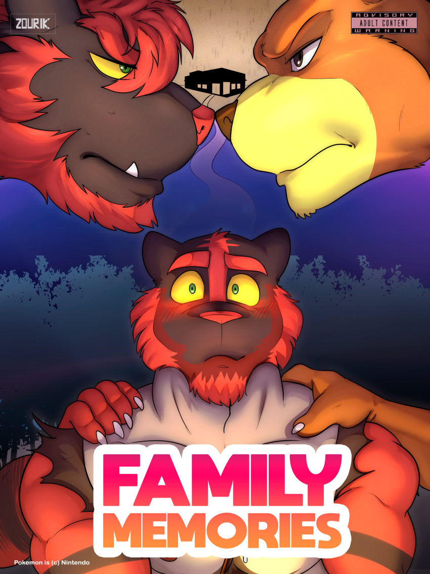 2023 absurd_res allan_(zourik) anthro barely_visible_nipples beard big_muscles blush building claws cover cover_art cover_page ed_(zourik) english_text eye_contact eyebrows facial_hair father father_and_child father_and_son forest frown fur generation_2_pokemon generation_7_pokemon group hand_on_shoulder hi_res house incineroar looking_at_another male michael_(zourik) muscular muscular_anthro muscular_male narrowed_eyes nintendo nipples nude parent parent_and_child pecs plant pokemon pokemon_(species) simple_background son text tree trio tuft ursaring zourik