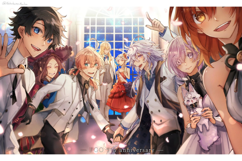 4boys 4girls ahoge animal anniversary arm_at_side arm_up ascot bare_shoulders black_bow black_bowtie black_gloves black_hair black_pants black_pantyhose black_ribbon black_scarf blonde_hair blue_bow blue_bowtie blue_eyes blue_gloves blue_shirt bow bowtie braid brown_hair chaldea_logo choker closed_eyes closed_mouth coat colored_eyelashes corsage cup dress dress_bow drinking_glass earrings elbow_gloves english_text falling_petals fate/grand_order fate_(series) flower flower_choker formal fou_(fate) frilled_dress frilled_hat frills fujimaru_ritsuka_(female) fujimaru_ritsuka_(female)_(waltz_in_the_moonlight/lostroom) fujimaru_ritsuka_(male) fujimaru_ritsuka_(male)_(waltz_in_the_moonlight/lostroom) gloves green_eyes grey_vest grin hair_flower hair_ornament hair_over_one_eye hair_ribbon hand_grab hand_up hands_up hat holding holding_animal holding_cup jacket jacket_on_shoulders jewelry kirschtaria_wodime large_bow leaning_to_the_side leonardo_da_vinci_(fate) leonardo_da_vinci_(festival_outfit)_(fate) light_blush long_hair long_sleeves looking_at_viewer mash_kyrielight merlin_(fate) multiple_boys multiple_girls neck_ribbon nekohanemocha night night_sky official_alternate_costume olga_marie_animusphere olga_marie_animusphere_(afternoon_party) open_mouth orange_dress orange_eyes orange_flower orange_hair orange_rose pants pantyhose parted_bangs petals pointing pointing_up ponytail purple_eyes purple_hair red_brooch red_headwear ribbon romani_archaman rose sash scarf shirt short_hair shoulder_sash single_braid sky sleeveless sleeveless_dress smile standing star_(sky) suit sweat twitter_username two-sided_coat vest waving white_ascot white_choker white_coat white_dress white_flower white_gloves white_hair white_jacket white_pants white_rose white_sash white_shirt white_suit white_vest window wine_glass wrist_cuffs yellow_eyes