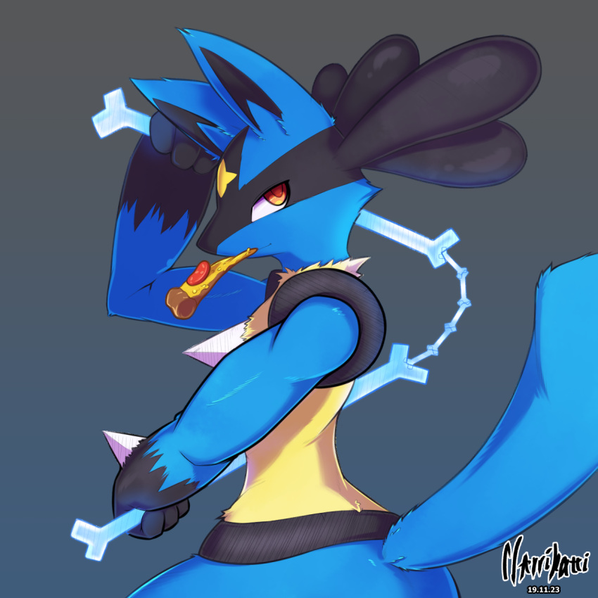 anthro black_body black_fur blue_body blue_fur butt chest_tuft female feral food fur generation_4_pokemon haru_(lucario) hi_res looking_at_viewer lucario mask melee_weapon muscular muscular_female narrikatti nintendo nunchaku pizza pokemon pokemon_(species) pose raised_tail red_eyes slim solo spikes spikes_(anatomy) star tail tattoo thick_thighs tuft weapon wide_hips yellow_body yellow_fur