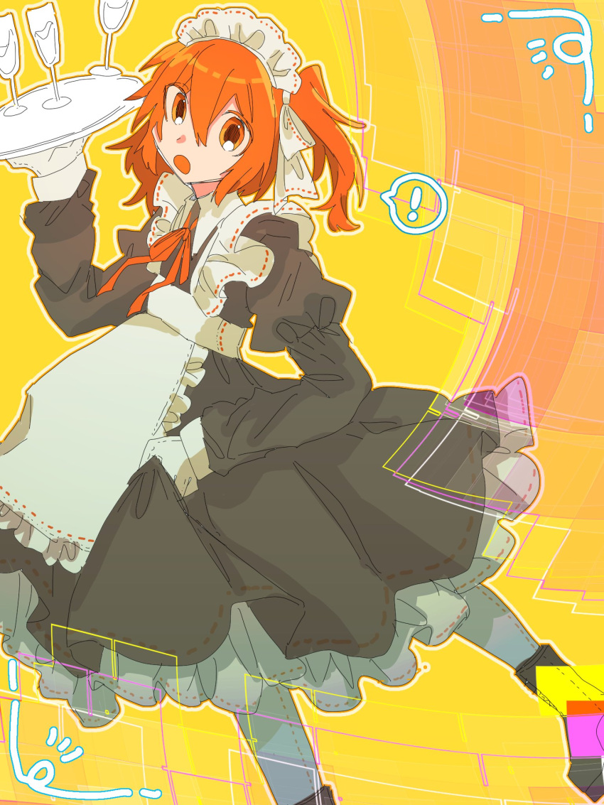 ! 1girl a.i._voice abstract_background adachi_rei alternate_costume apron black_footwear boots collared_dress commentary cup dress drinking_glass enmaided foot_out_of_frame frilled_dress frills fumujima grey_leggings hair_ribbon hand_up highres holding holding_tray juliet_sleeves layered_dress leggings long_sleeves looking_at_viewer looking_back maid maid_apron maid_day maid_headdress medium_hair multicolored_background neck_ribbon one_side_up open_mouth orange_background orange_eyes orange_hair orange_ribbon platform_boots platform_footwear puffy_sleeves ribbon skirt_hold solo spoken_exclamation_mark stitches symbol-only_commentary tray utau white_ribbon yellow_background