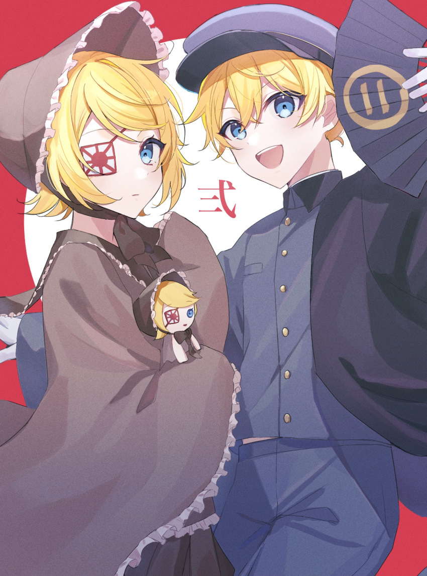 :d blonde_hair bonnet cowboy_shot doll expressionless eyepatch folding_fan hand_fan hat highres kagamine_len kagamine_rin looking_at_viewer military_hat military_uniform ni_no_sakura_kouchou_(module) ni_no_sakura_senbu_(module) official_alternate_costume official_alternate_hairstyle rabu_(pixiv_38571565) senbonzakura_(vocaloid) short_hair smile uniform vocaloid