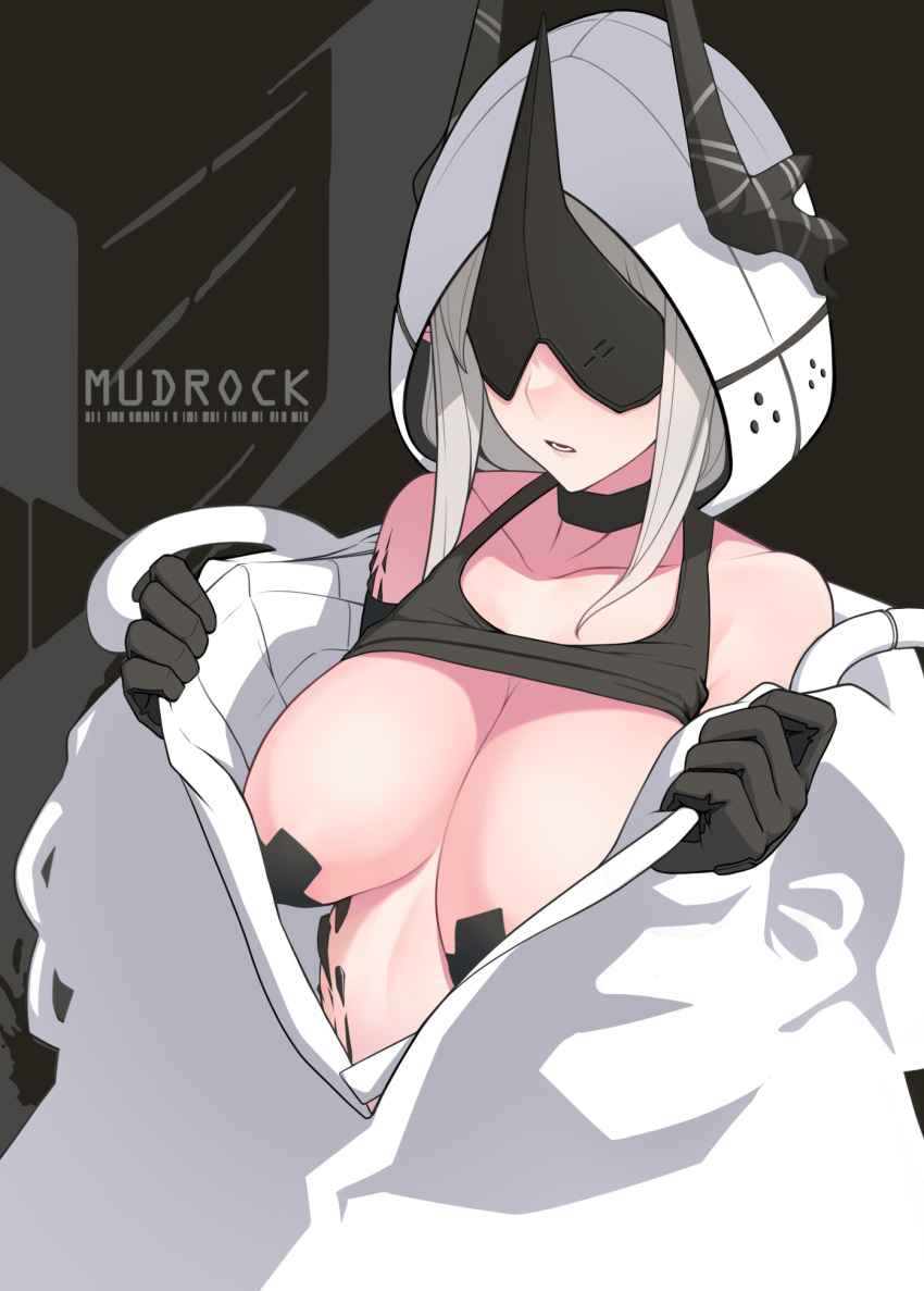 1girl arknights bare_shoulders black_gloves black_horns breasts character_name collarbone commentary_request eye_mask gloves highres hood horns jwthor large_breasts mask medium_hair mudrock_(arknights) parted_lips pasties upper_body white_hair
