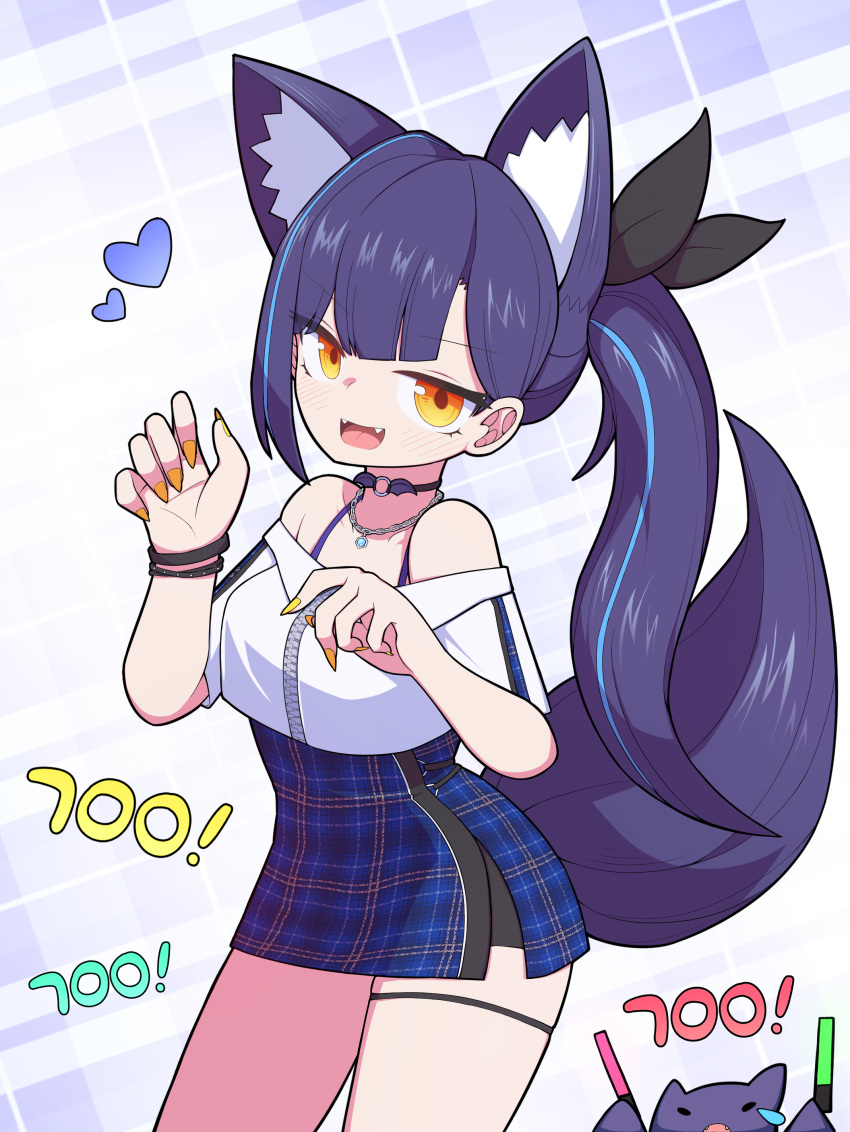 1girl :d absurdres animal_ear_fluff animal_ears black_ribbon blue_hair blue_skirt blush commentary_request fangs fingernails glowstick hair_ribbon hands_up heart hh highres jacket korean_commentary lilpa long_fingernails long_hair looking_at_viewer multicolored_hair multicolored_nails off-shoulder_jacket off_shoulder orange_eyes orange_nails plaid plaid_background plaid_skirt purple_hair ribbon sharp_fingernails short_sleeves side_ponytail sidelocks skirt smile solo streaked_hair tail teardrop very_long_hair virtual_youtuber waktaverse white_jacket yellow_nails