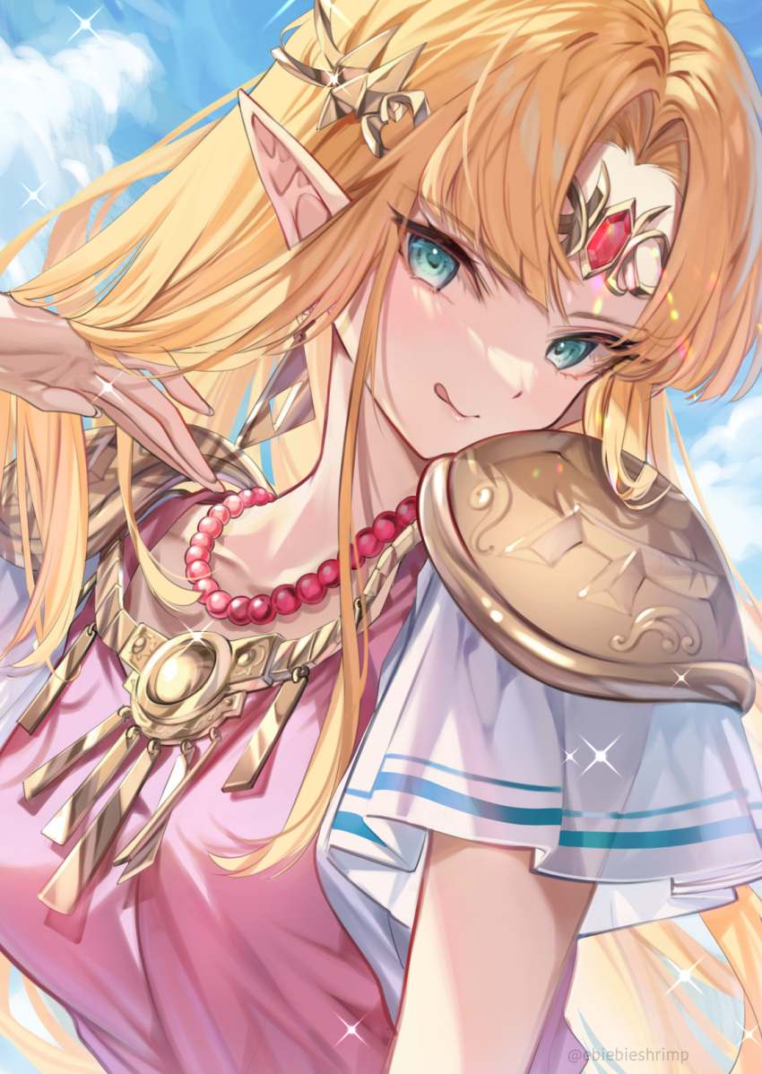 1girl :q armor bead_necklace beads blonde_hair blue_eyes circlet earrings elf gem highres jewelry long_hair looking_at_viewer necklace parted_bangs pink_shirt pointy_ears princess_zelda red_gemstone shirt short_sleeves shoulder_armor shuri_(84k) solo the_legend_of_zelda tongue tongue_out upper_body